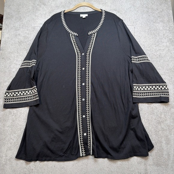 J. Jill Tops - J Jill‎ Womens Black Tunic Top 2X Embroidered Button Front Relaxed Fit